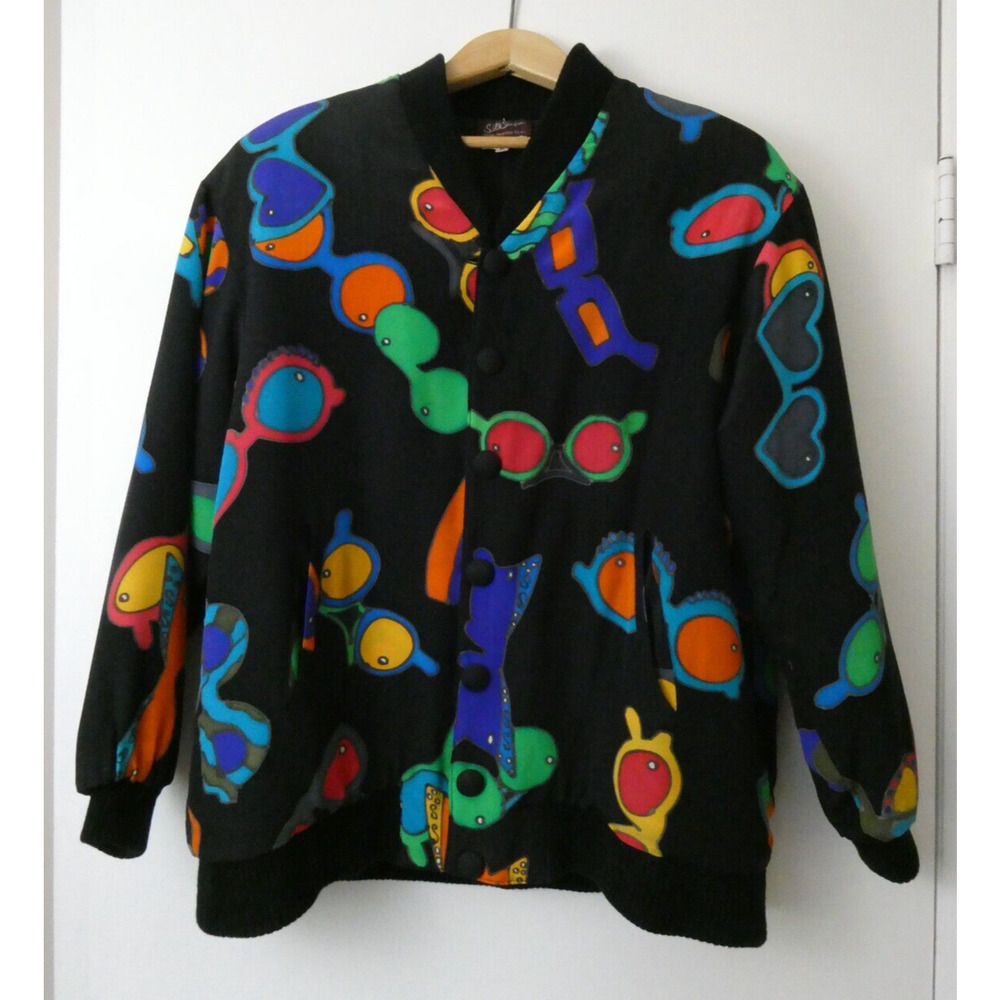 VTG Silkscapes Hand Painted Silks Bomber Style Jacket Size M Glasses Pattern